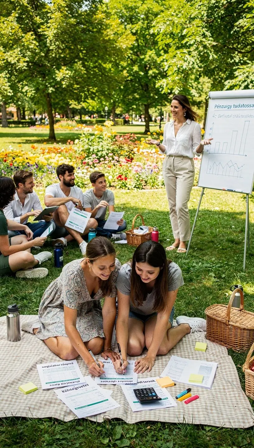 Tanulók csoportja pénzügyi oktatóteremben, akik jegyzeteket készítenek egy pénzügyi alapok kurzuson.